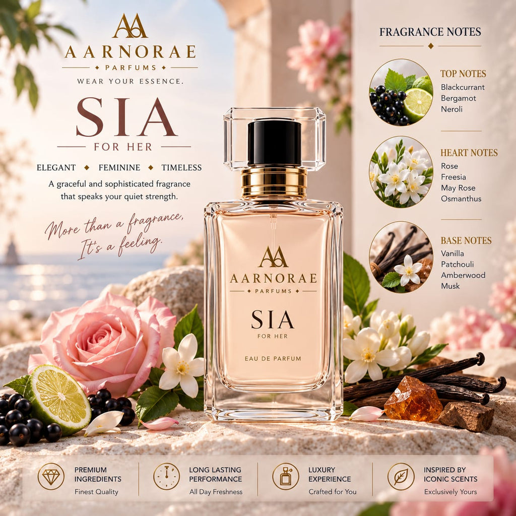 AARNORAE SIA luxury perfume advertisement featuring an AARNORAE perfume bottle beside a Giorgio Armani Sì reference fragrance bottle. The elegant blush-toned design presents a graceful, feminine, timeless fragrance with blackcurrant, bergamot, neroli, rose, freesia, May rose, osmanthus, vanilla, patchouli, amberwood, and musk notes.