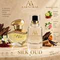 AARNORAE Silk Oud luxury perfume advertisement featuring an elegant AARNORAE perfume bottle beside a gold Ahmed Silk Oud-inspired bottle. The warm, sophisticated design showcases a rich oud fragrance with bergamot, pink pepper, saffron, jasmine, rose, orris, leather, oud, amber, sandalwood, musk, and vanilla notes, presented as a blend of rich heritage and modern luxury.