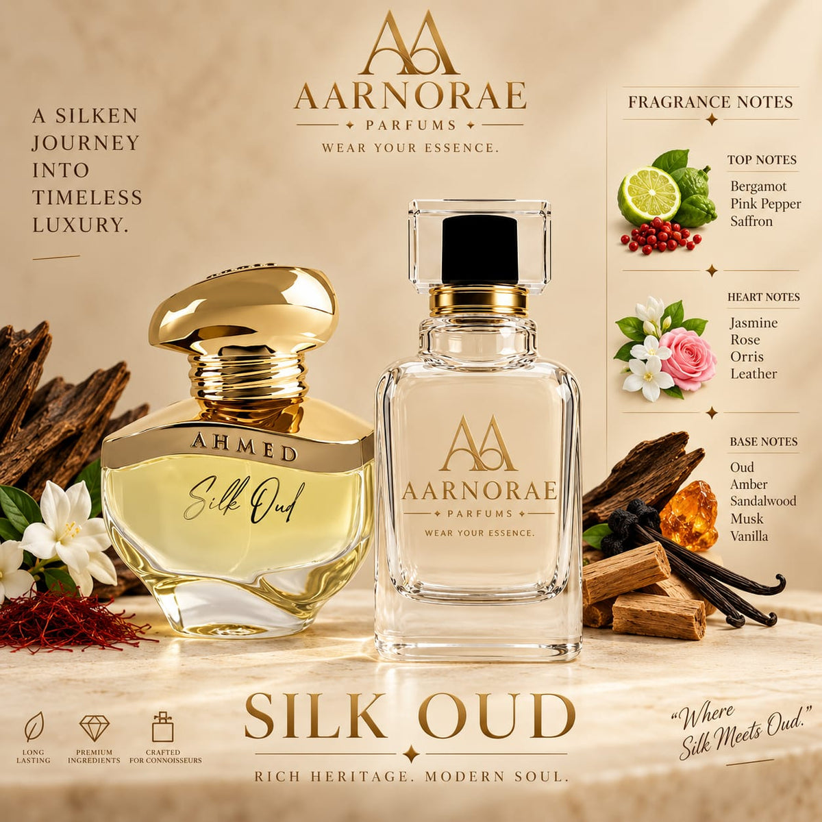 AARNORAE Silk Oud luxury perfume advertisement featuring an elegant AARNORAE perfume bottle beside a gold Ahmed Silk Oud-inspired bottle. The warm, sophisticated design showcases a rich oud fragrance with bergamot, pink pepper, saffron, jasmine, rose, orris, leather, oud, amber, sandalwood, musk, and vanilla notes, presented as a blend of rich heritage and modern luxury.