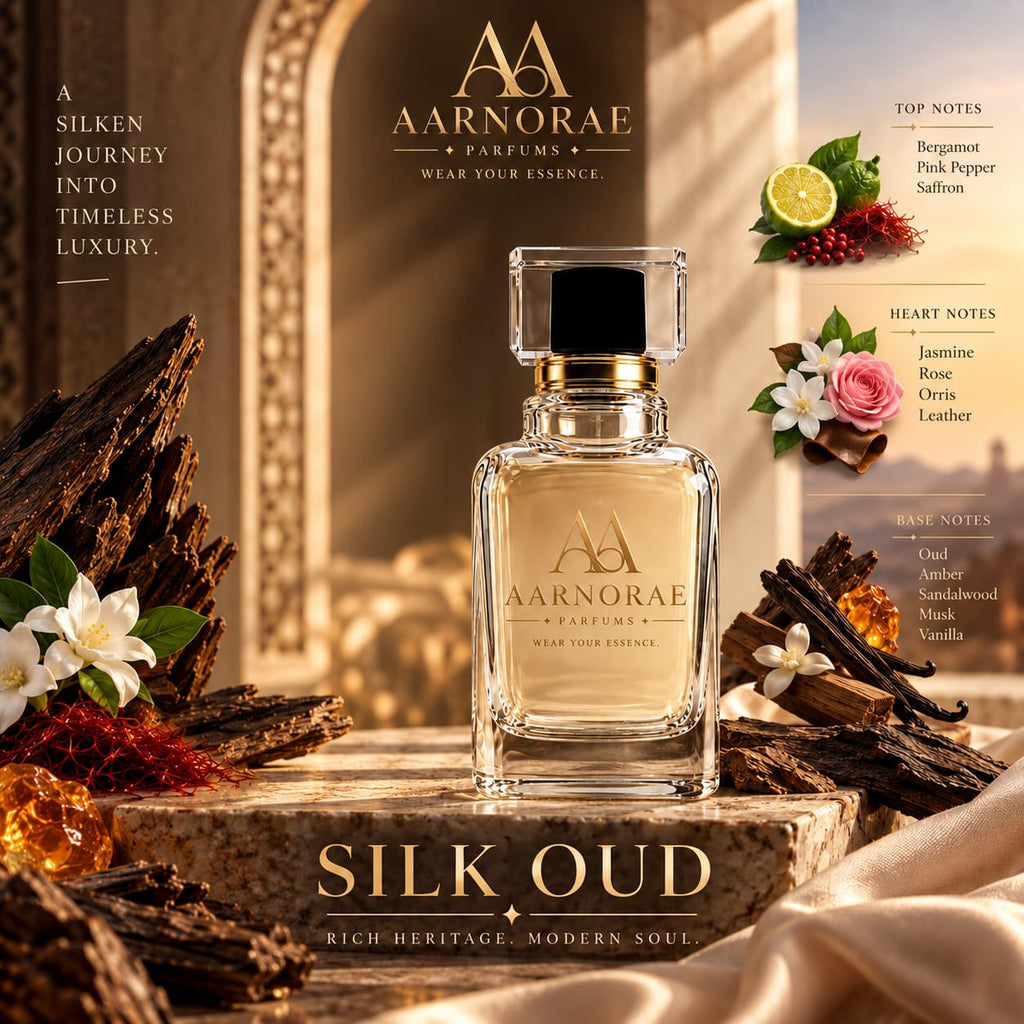 AARNORAE Silk Oud luxury perfume advertisement featuring an elegant AARNORAE perfume bottle beside a gold Ahmed Silk Oud-inspired bottle. The warm, sophisticated design showcases a rich oud fragrance with bergamot, pink pepper, saffron, jasmine, rose, orris, leather, oud, amber, sandalwood, musk, and vanilla notes, presented as a blend of rich heritage and modern luxury.