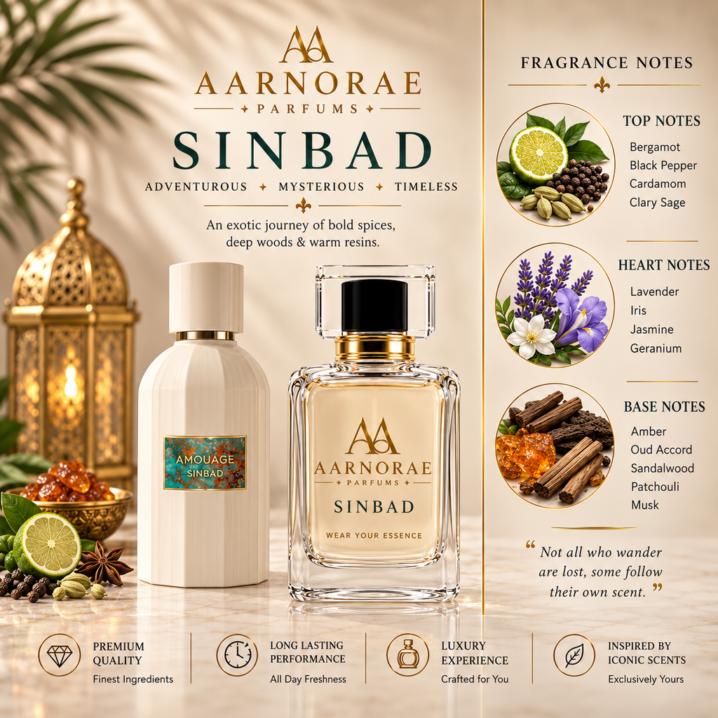 AARNORAE Sinbad luxury perfume advertisement featuring an AARNORAE perfume bottle beside a white Sinbad reference fragrance bottle in an elegant Middle Eastern-inspired setting. The design highlights an adventurous, mysterious, timeless fragrance with bergamot, black pepper, cardamom, clary sage, lavender, iris, jasmine, geranium, amber, oud accord, sandalwood, patchouli, and musk notes.
