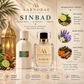 AARNORAE Sinbad luxury perfume advertisement featuring an AARNORAE perfume bottle beside a white Sinbad reference fragrance bottle in an elegant Middle Eastern-inspired setting. The design highlights an adventurous, mysterious, timeless fragrance with bergamot, black pepper, cardamom, clary sage, lavender, iris, jasmine, geranium, amber, oud accord, sandalwood, patchouli, and musk notes.