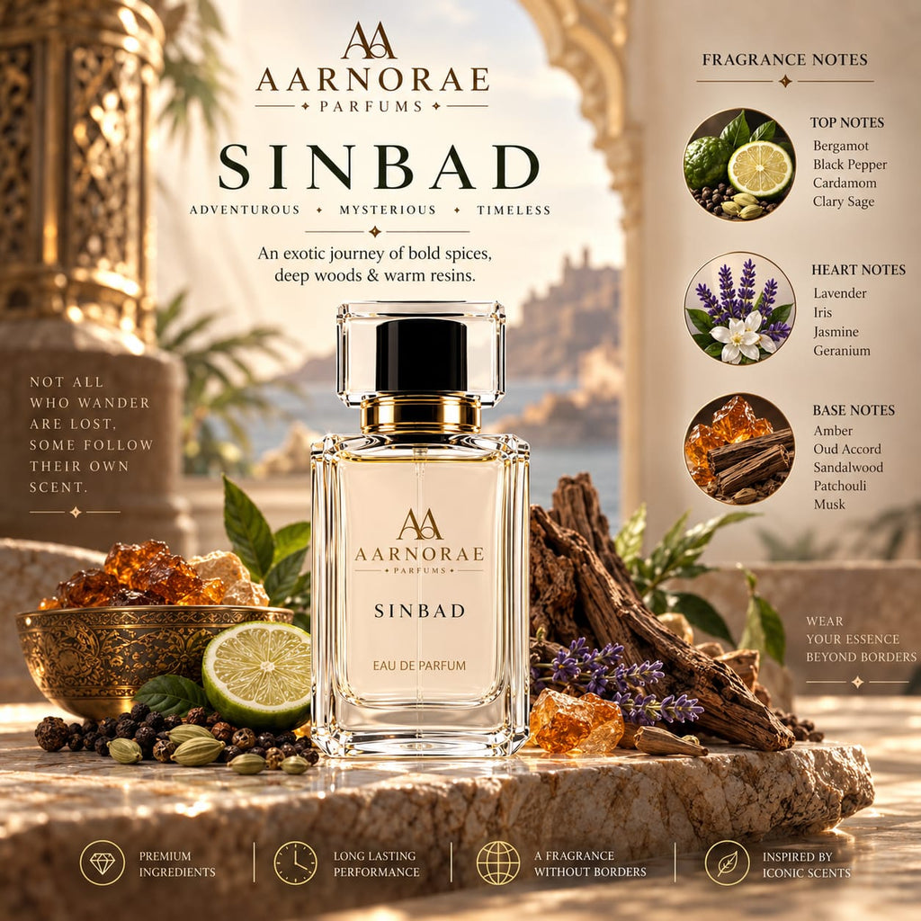 AARNORAE Sinbad luxury perfume advertisement featuring an AARNORAE perfume bottle beside a white Sinbad reference fragrance bottle in an elegant Middle Eastern-inspired setting. The design highlights an adventurous, mysterious, timeless fragrance with bergamot, black pepper, cardamom, clary sage, lavender, iris, jasmine, geranium, amber, oud accord, sandalwood, patchouli, and musk notes.