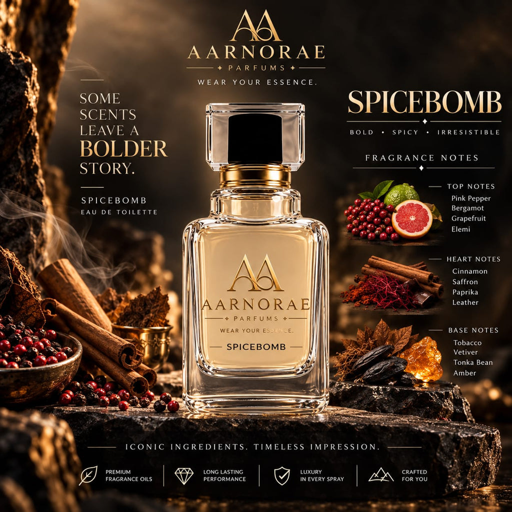 AARNORAE Spicebomb perfume bottle highlighting a powerful warm spicy fragrance for men.