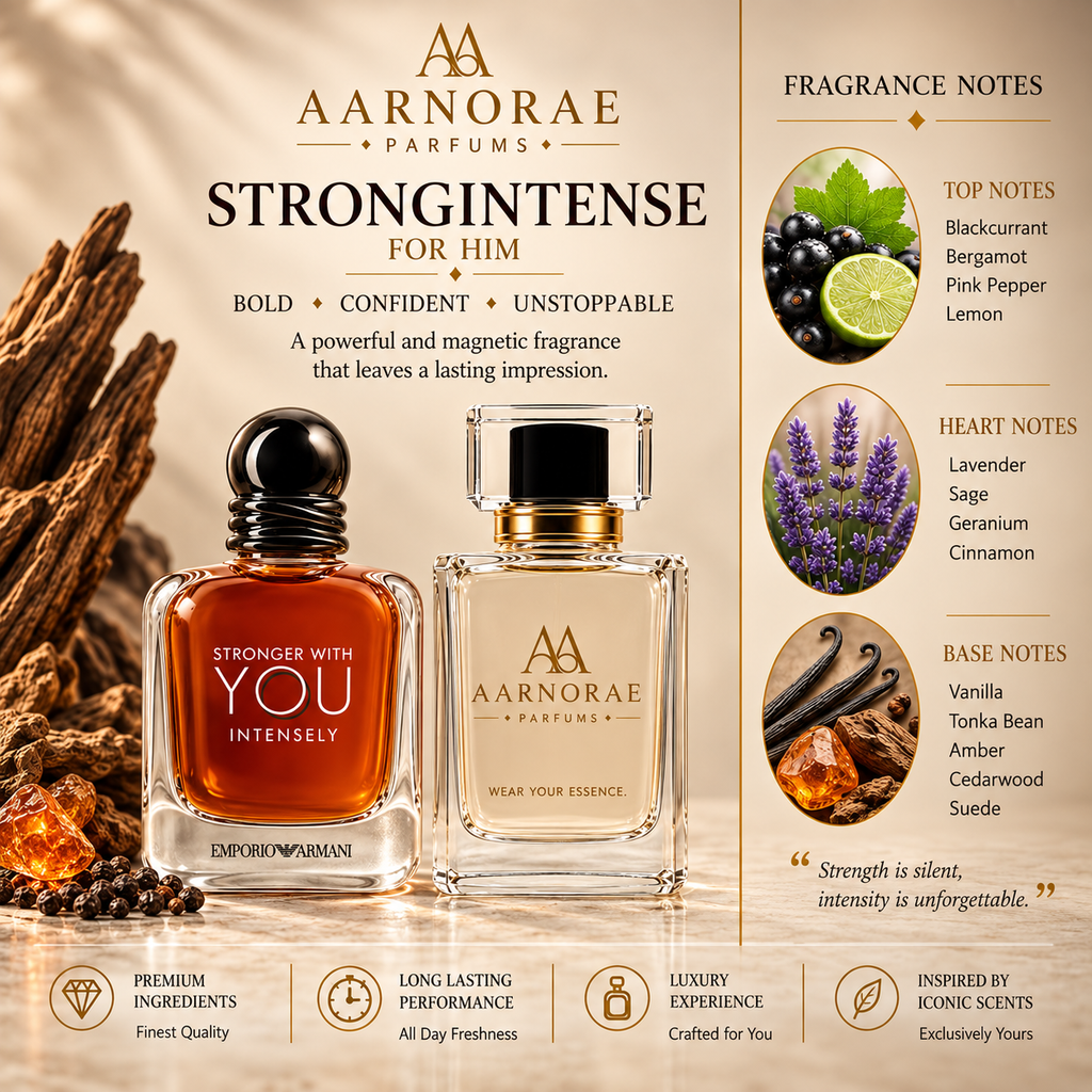 AARNORAE StrongIntense luxury men’s perfume advertisement featuring an AARNORAE StrongIntense bottle beside an Emporio Armani Stronger With You Intensely reference fragrance bottle. The warm, elegant design presents a bold, confident, unstoppable fragrance with blackcurrant, bergamot, pink pepper, lemon, lavender, sage, geranium, cinnamon, vanilla, tonka bean, amber, cedarwood, and suede notes.