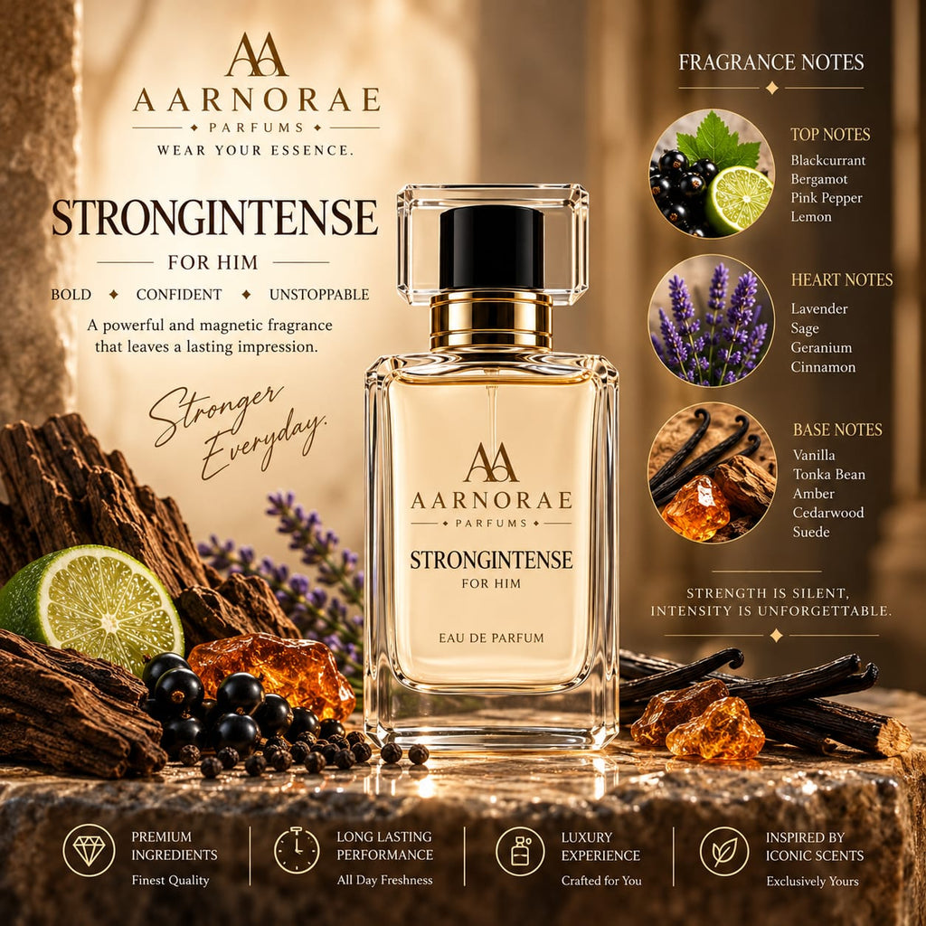 AARNORAE StrongIntense luxury men’s perfume advertisement featuring an AARNORAE StrongIntense bottle beside an Emporio Armani Stronger With You Intensely reference fragrance bottle. The warm, elegant design presents a bold, confident, unstoppable fragrance with blackcurrant, bergamot, pink pepper, lemon, lavender, sage, geranium, cinnamon, vanilla, tonka bean, amber, cedarwood, and suede notes.