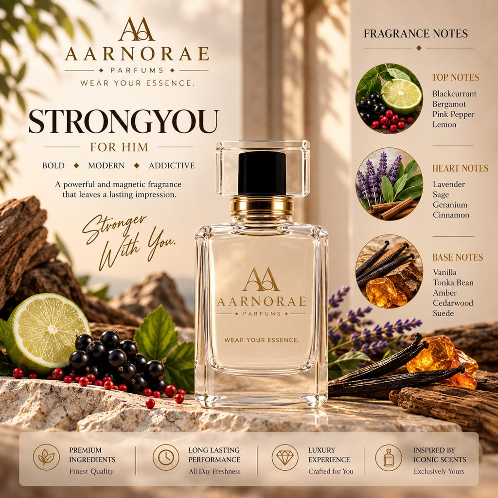 AARNORAE StrongYou luxury men’s perfume advertisement featuring an AARNORAE StrongYou bottle beside an Emporio Armani Stronger With You reference fragrance bottle. The warm, sophisticated design presents a bold, modern, addictive fragrance with blackcurrant, bergamot, pink pepper, lemon, lavender, sage, geranium, cinnamon, vanilla, tonka bean, amber, cedarwood, and suede notes.