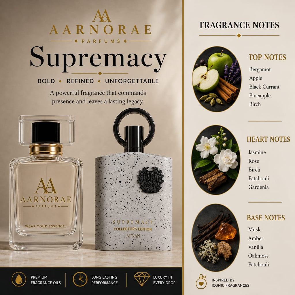AARNORAE Supremacy luxury perfume advertisement featuring an AARNORAE perfume bottle beside a dark, speckled collector’s-edition reference bottle. The elegant beige and gold design highlights a bold, refined, unforgettable fragrance with bergamot, apple, black currant, pineapple, birch, jasmine, rose, patchouli, gardenia, musk, amber, vanilla, oakmoss, and patchouli notes.