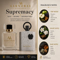AARNORAE Supremacy luxury perfume advertisement featuring an AARNORAE perfume bottle beside a dark, speckled collector’s-edition reference bottle. The elegant beige and gold design highlights a bold, refined, unforgettable fragrance with bergamot, apple, black currant, pineapple, birch, jasmine, rose, patchouli, gardenia, musk, amber, vanilla, oakmoss, and patchouli notes.