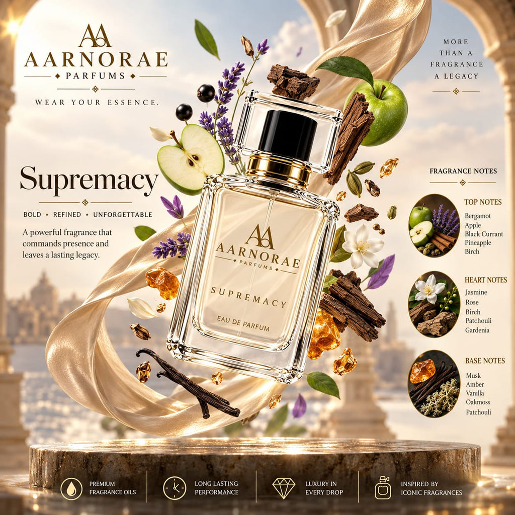 AARNORAE Supremacy luxury perfume advertisement featuring an AARNORAE perfume bottle beside a dark, speckled collector’s-edition reference bottle. The elegant beige and gold design highlights a bold, refined, unforgettable fragrance with bergamot, apple, black currant, pineapple, birch, jasmine, rose, patchouli, gardenia, musk, amber, vanilla, oakmoss, and patchouli notes.