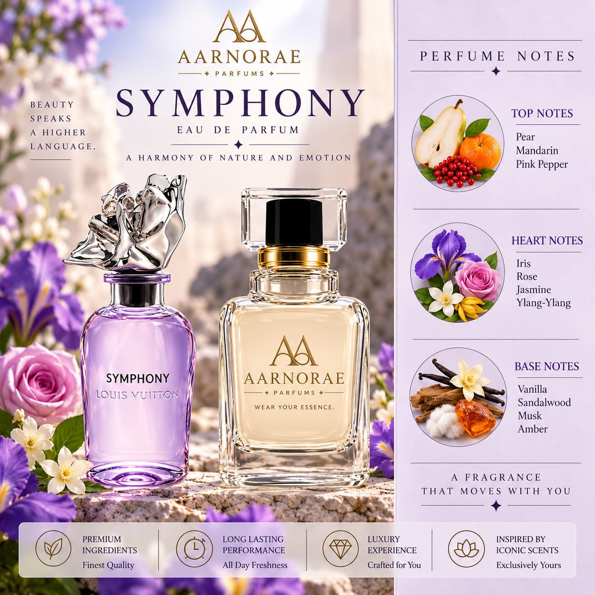 AARNORAE Symphony Eau de Parfum with pear, mandarin, rose, jasmine, vanilla and sandalwood.