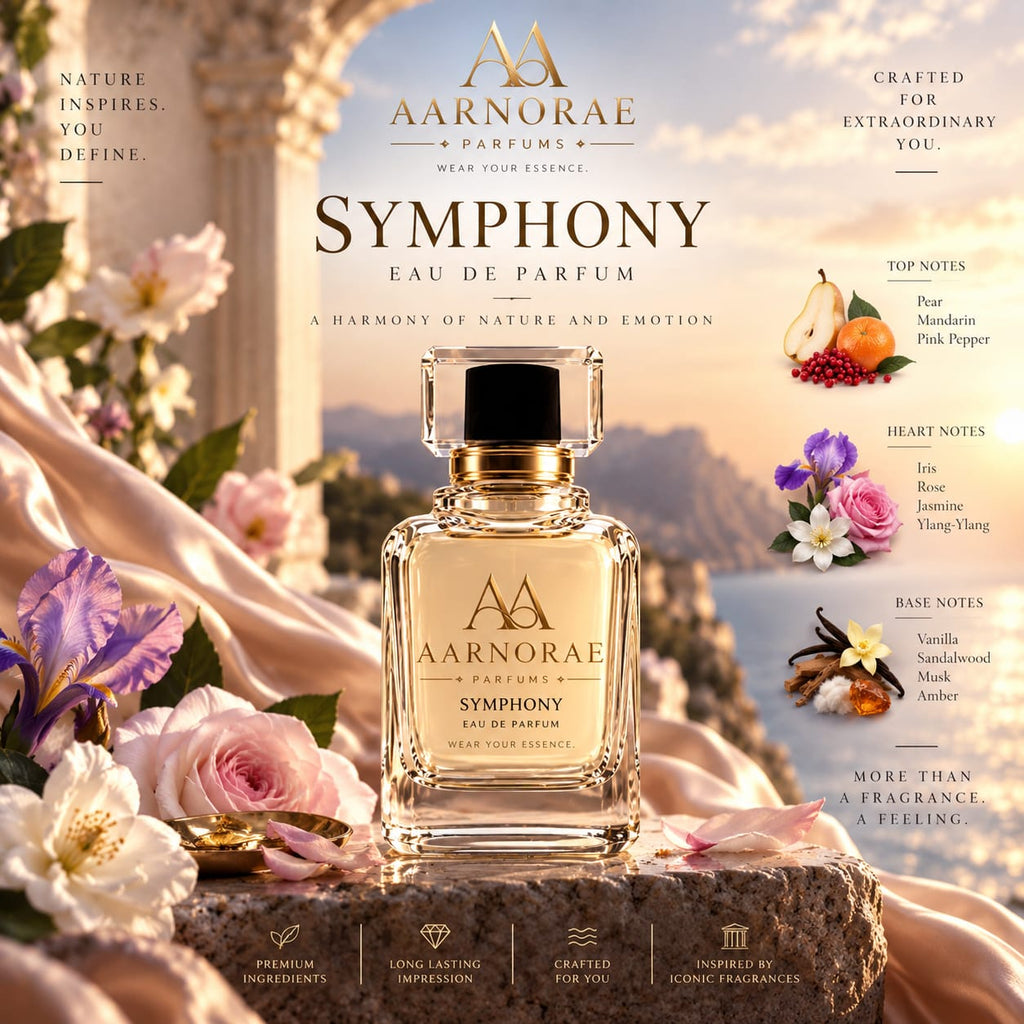 A clear glass perfume bottle labeled Aarnorae Parfums Symphony Eau De Parfum stands on a stone surface with flowers and petals around it. The background is a soft pastel sky with text describing the fragrance notes and branding.