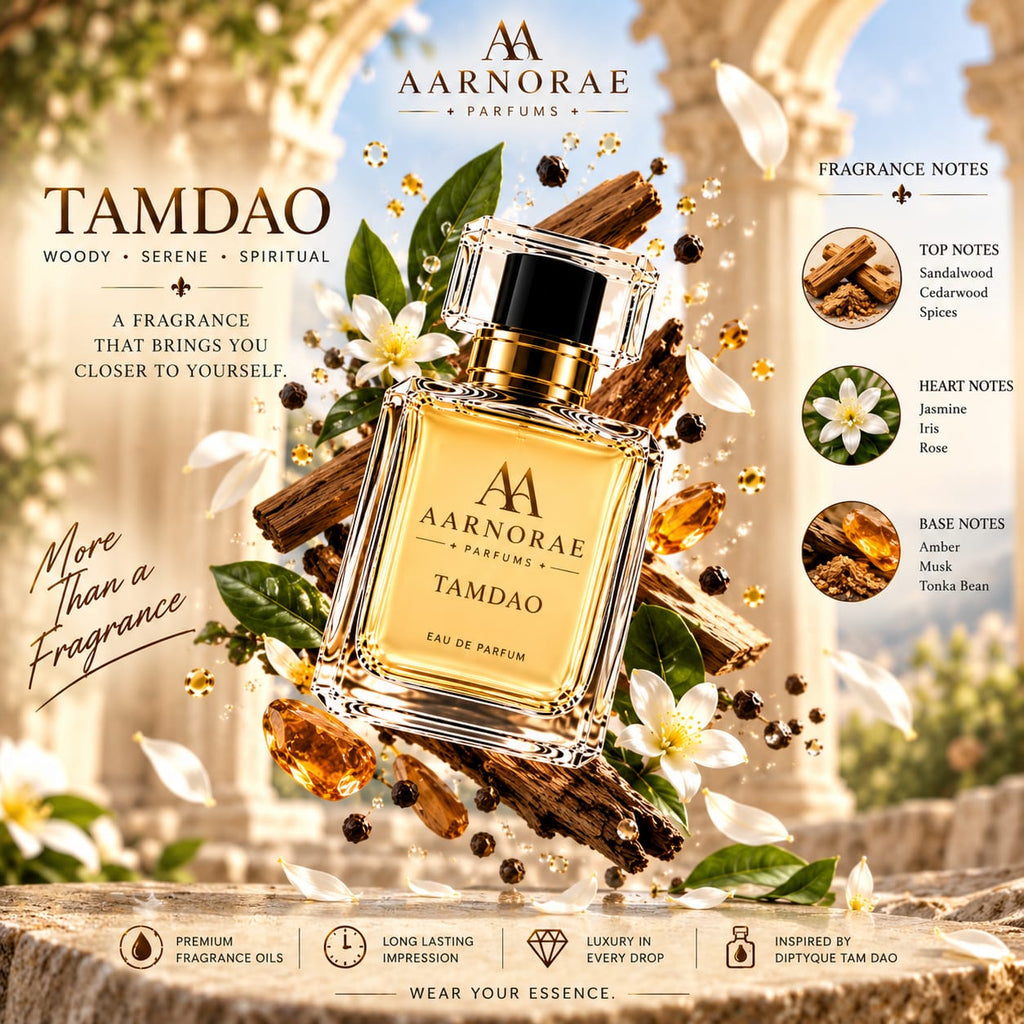 AARNORAE Tamdao perfume bottle highlighting a serene woody spicy and earthy fragrance.