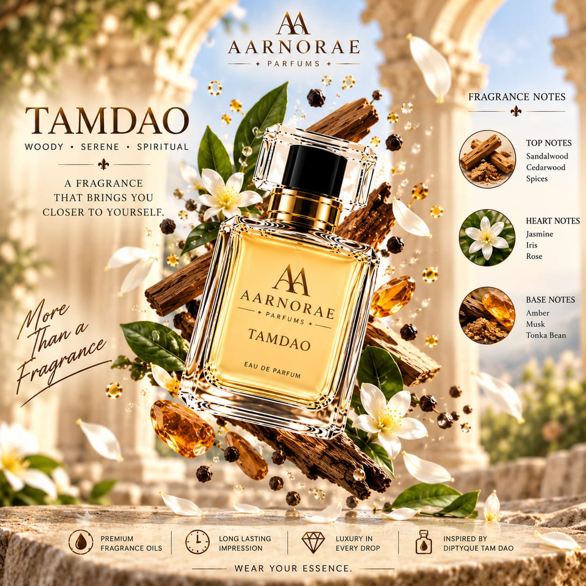 AARNORAE Tamdao perfume bottle highlighting a serene woody spicy and earthy fragrance.