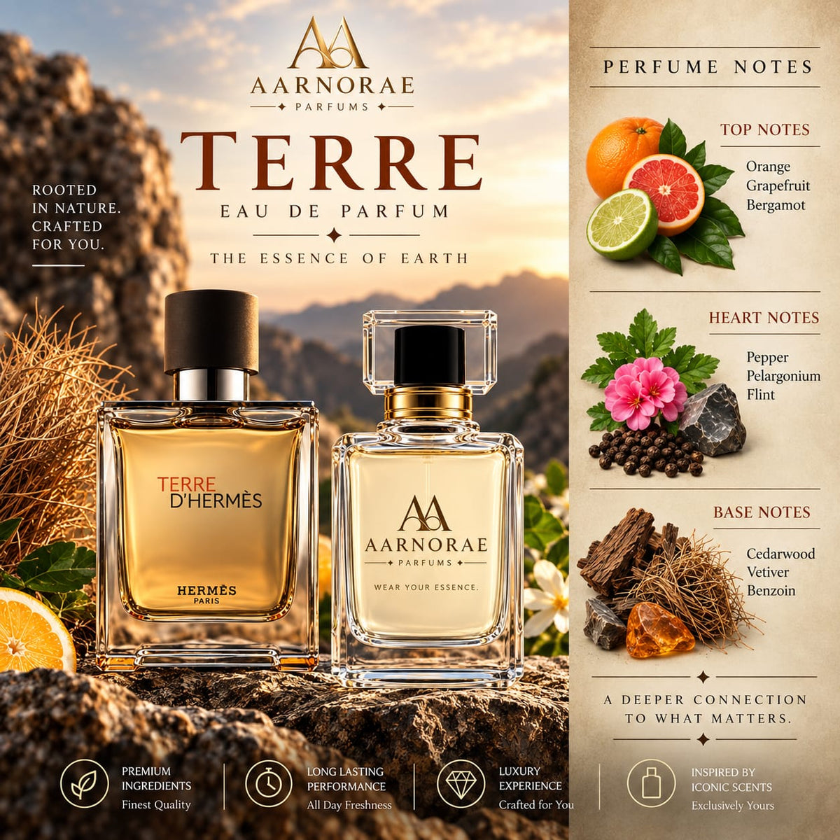 AARNORAE Terre men's Eau de Parfum with orange, grapefruit, pepper, cedarwood and vetiver.