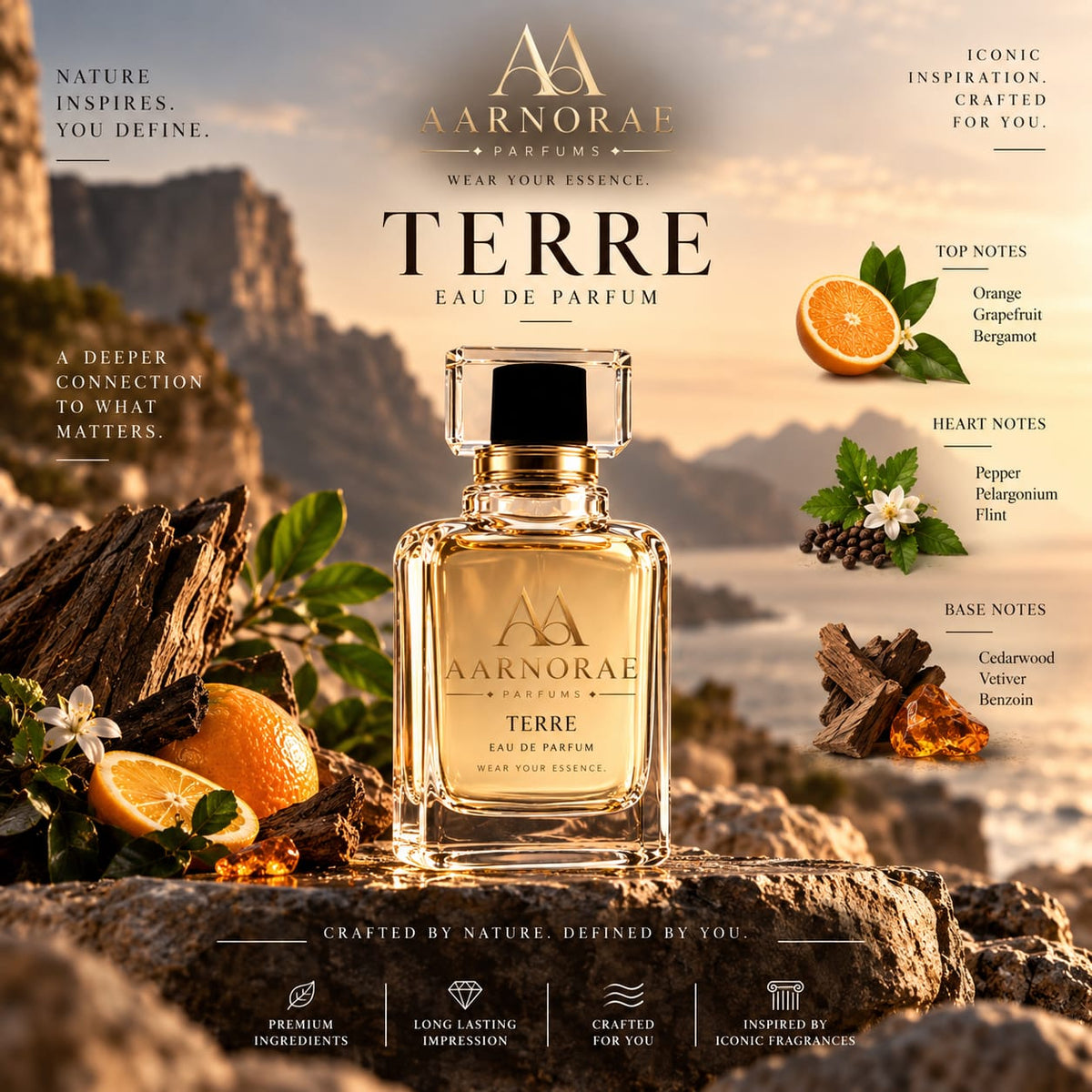 AARNORAE Terre perfume bottle highlighting a citrus woody and earthy fragrance for men.