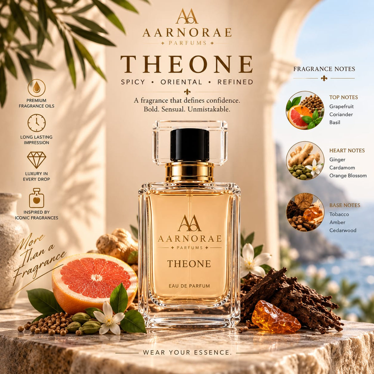 AARNORAE Theone perfume bottle highlighting a warm spicy and woody fragrance for men.