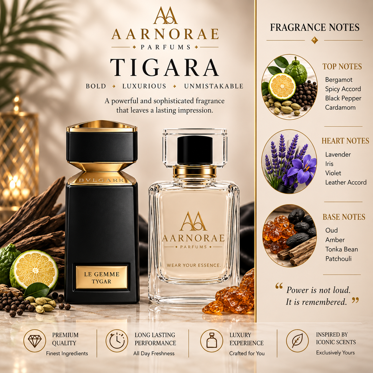 AARNORAE Tigara Eau de Parfum with bergamot, cardamom, iris, leather, oud and amber.