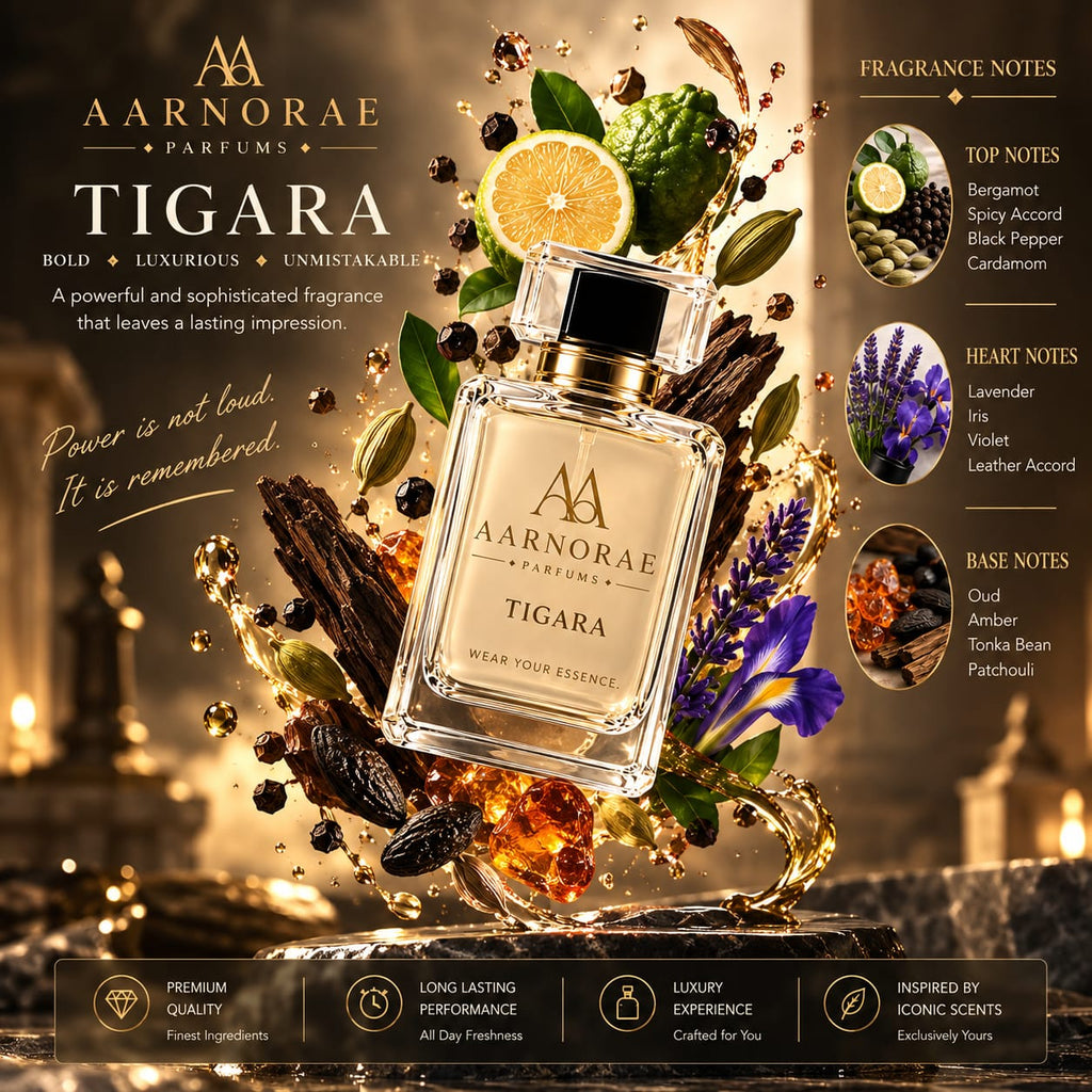 AARNORAE Tigara perfume bottle highlighting a warm spicy woody and luxurious fragrance.