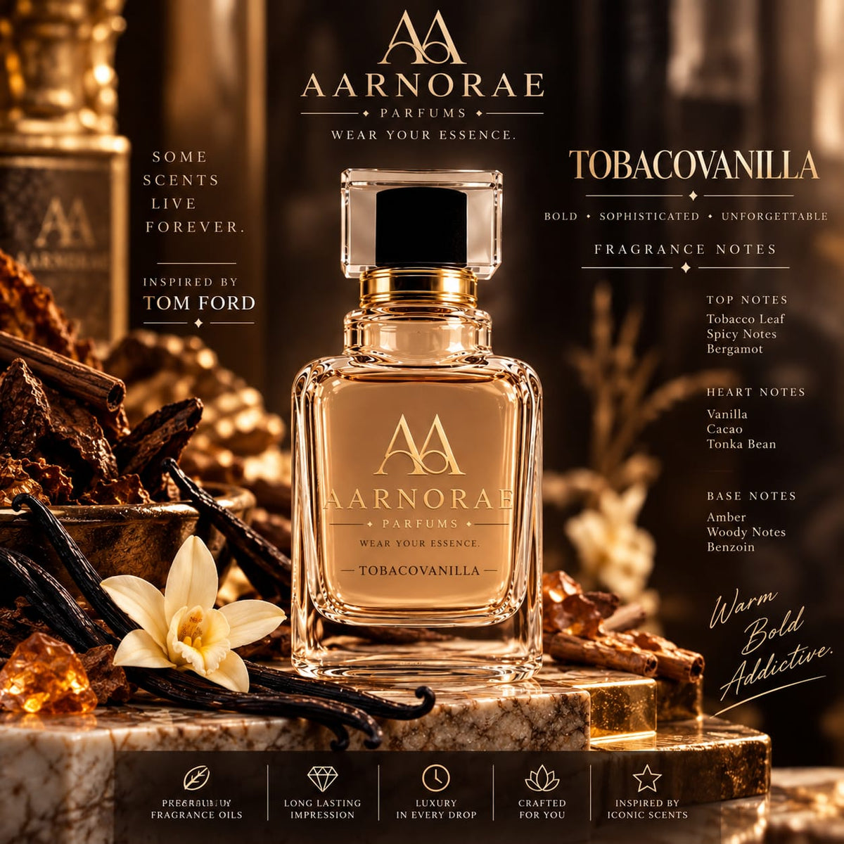 AARNORAE Tobacovanilla perfume bottle highlighting a warm tobacco gourmand fragrance.