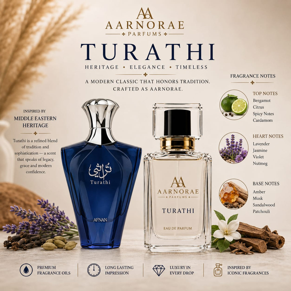 AARNORAE Turathi luxury perfume advertisement featuring a clear Turathi perfume bottle beside a deep blue reference bottle, with an elegant Middle Eastern-inspired setting. The design highlights heritage, elegance, and timeless sophistication, with fragrance notes of bergamot, citrus, spicy notes, cardamom, lavender, jasmine, violet, nutmeg, amber, musk, sandalwood, and patchouli.