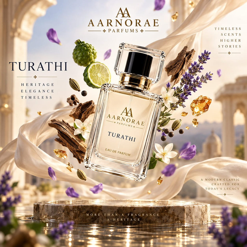 AARNORAE Turathi luxury perfume advertisement featuring a clear Turathi perfume bottle beside a deep blue reference bottle, with an elegant Middle Eastern-inspired setting. The design highlights heritage, elegance, and timeless sophistication, with fragrance notes of bergamot, citrus, spicy notes, cardamom, lavender, jasmine, violet, nutmeg, amber, musk, sandalwood, and patchouli.