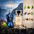 A Aarnorae Ultramale perfume bottle set against a scenic mountain backdrop with lavender and citrus props. The image includes a detailed fragrance notes infographic on the right and product feature icons on the bottom, showcasing a blue striped bottle and a clear glass bottle with gold detailing.