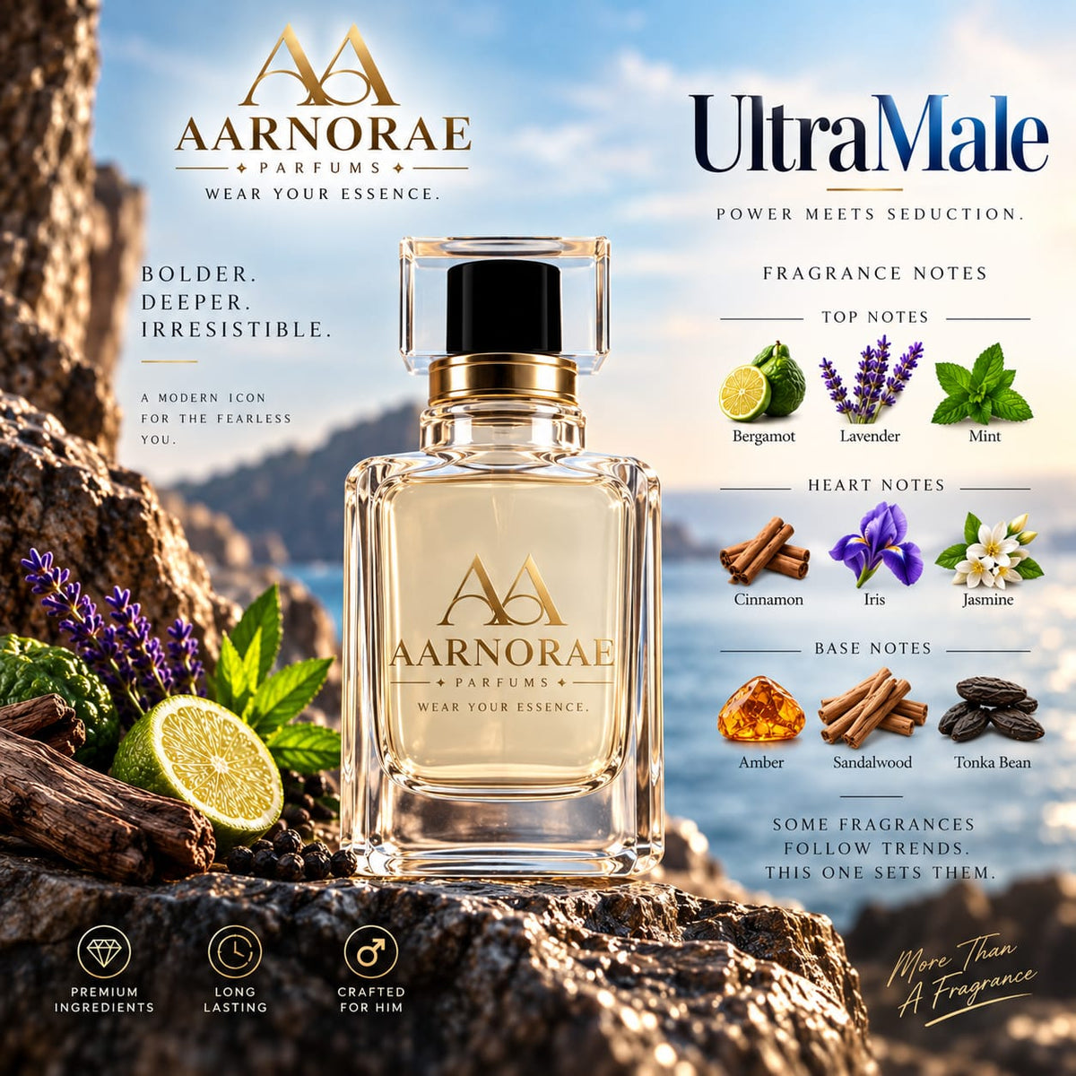 A bottle of Aarnorae Perfumes Ultra Male fragrance is shown in a styled outdoor scene with rocks, citrus, and flowers. The bottle is clear glass with pale golden liquid, a black cap, and a gold logo.