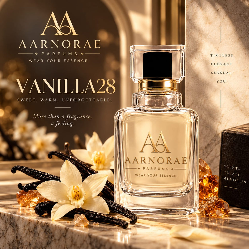 AARNORAE Vanilla 28 perfume bottle highlighting a warm vanilla amber gourmand fragrance.