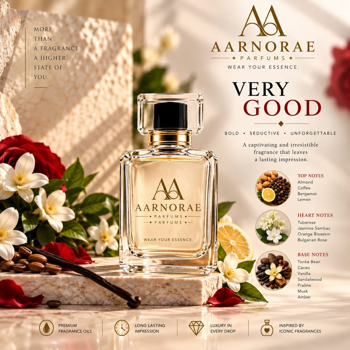 AARNORAE Verygood perfume bottle highlighting a warm floral gourmand fragrance for women.