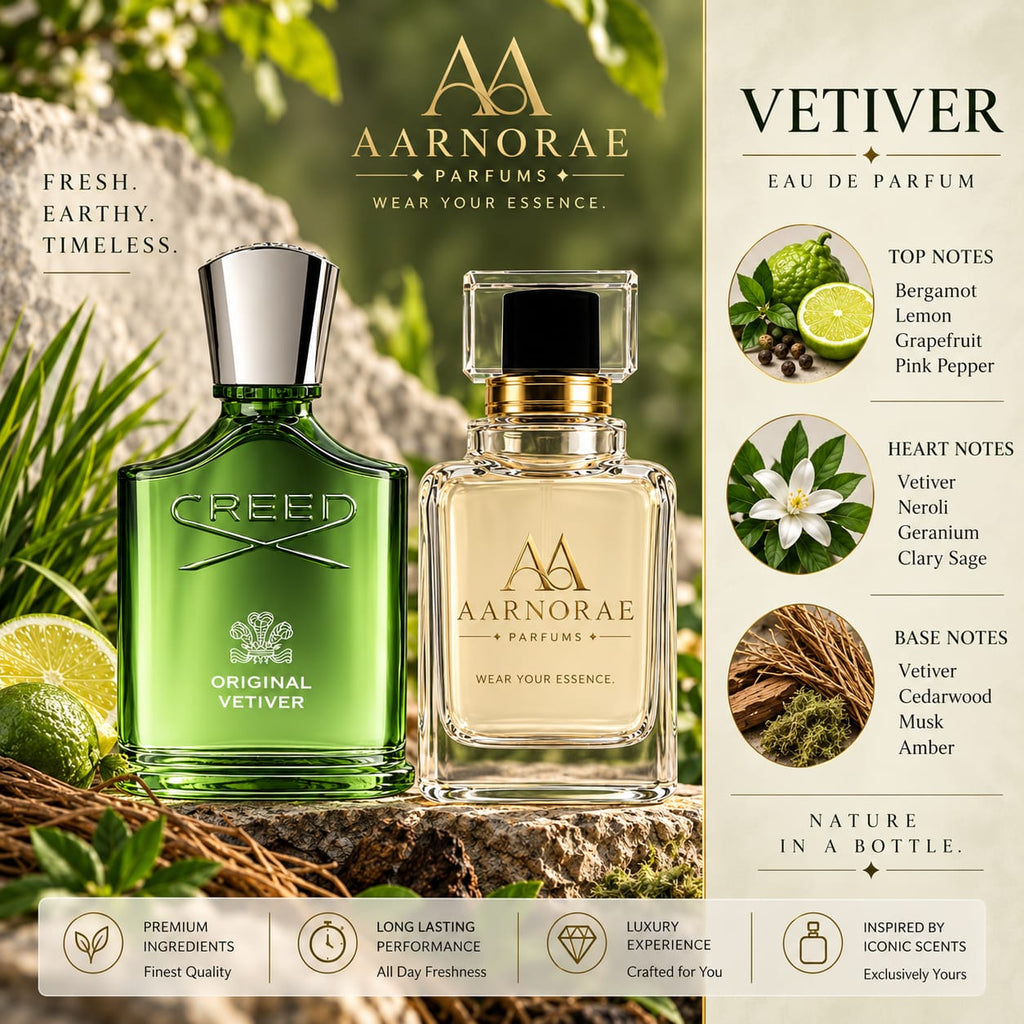 AARNORAE Vetiver Eau de Parfum with bergamot, grapefruit, vetiver, neroli, cedarwood and musk.