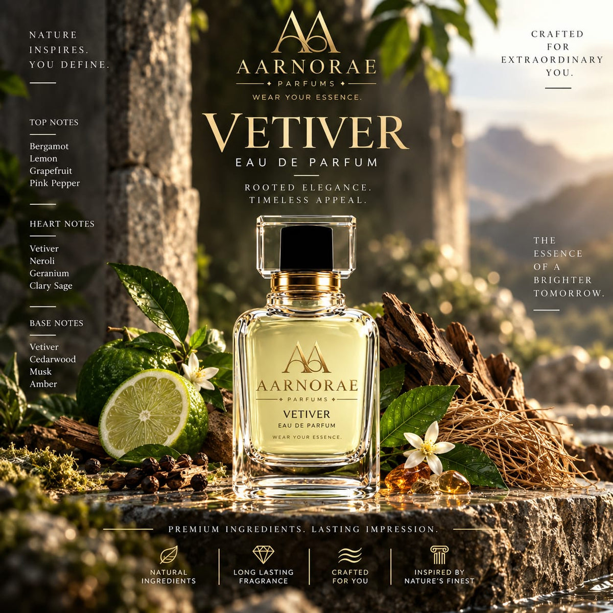 AARNORAE Vetiver perfume bottle highlighting a fresh citrus woody and earthy fragrance.