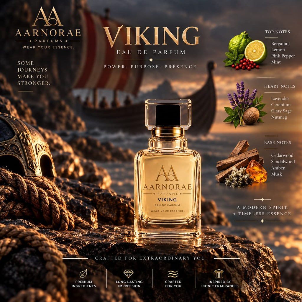 AARNORAE Viking perfume bottle highlighting a fresh aromatic and woody fragrance for men.