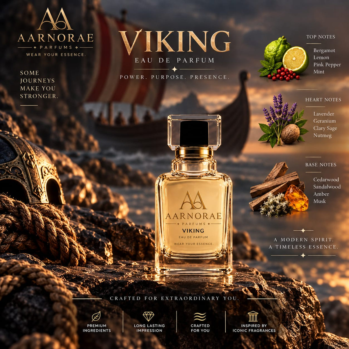 AARNORAE Viking perfume bottle highlighting a fresh aromatic and woody fragrance for men.