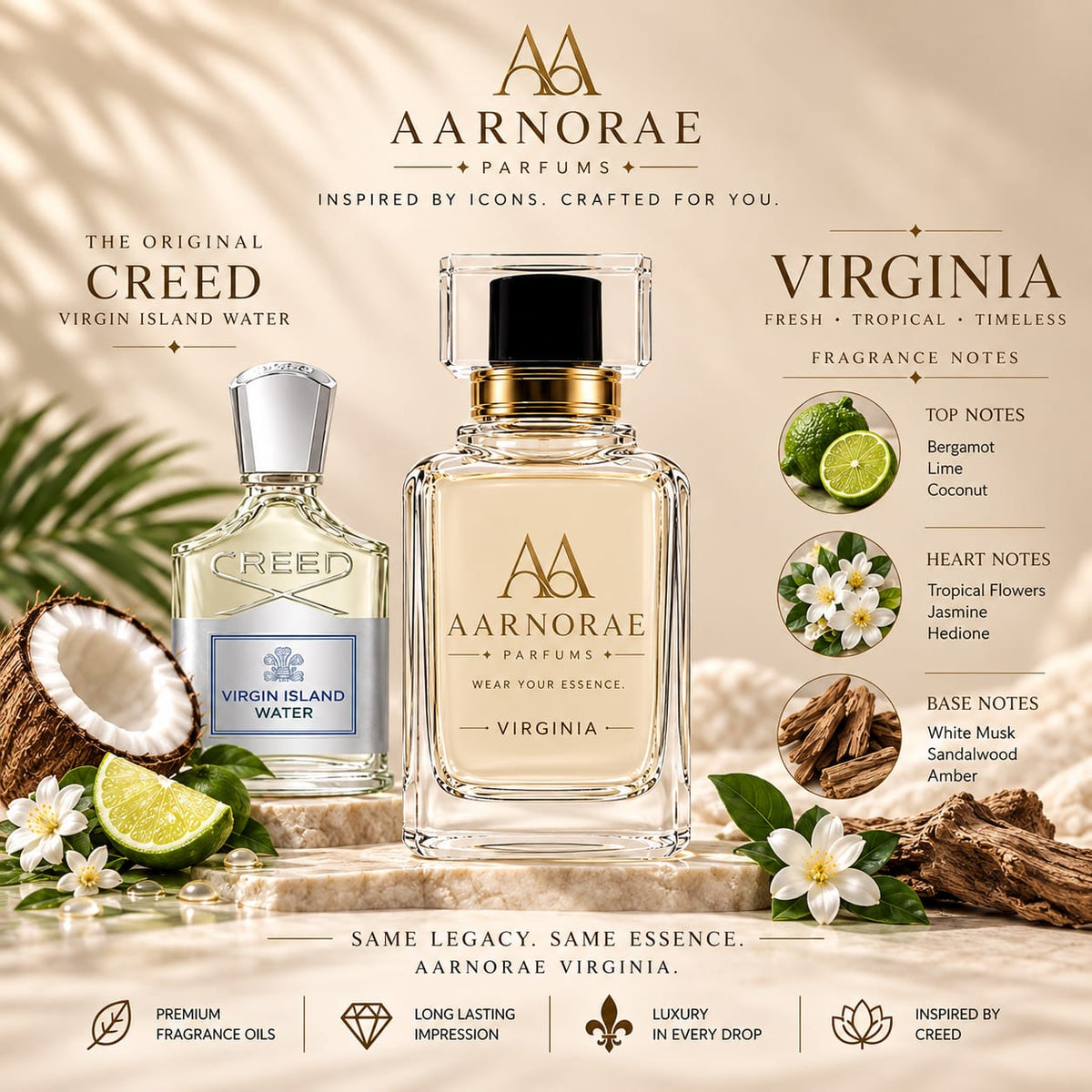 AARNORAE Virginia Eau de Parfum with lime, coconut, tropical flowers, sandalwood and amber.