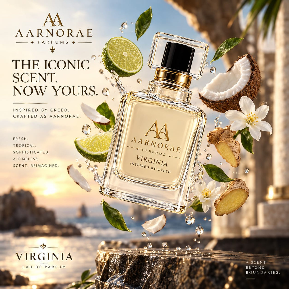 AARNORAE Virginia perfume bottle highlighting a tropical citrus and floral fragrance.