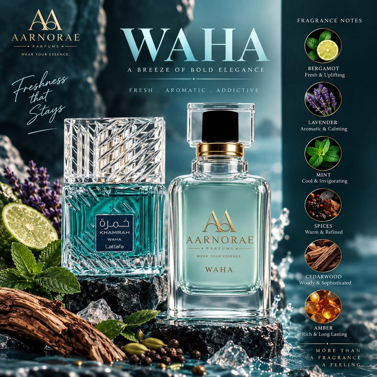 AARNORAE Waha Eau de Parfum with bergamot, lavender, mint, warm spices, cedarwood and amber.