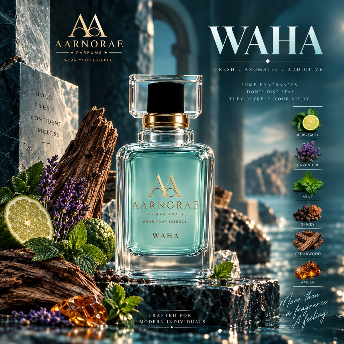 AARNORAE Waha perfume bottle highlighting a fresh aromatic spicy and woody fragrance.