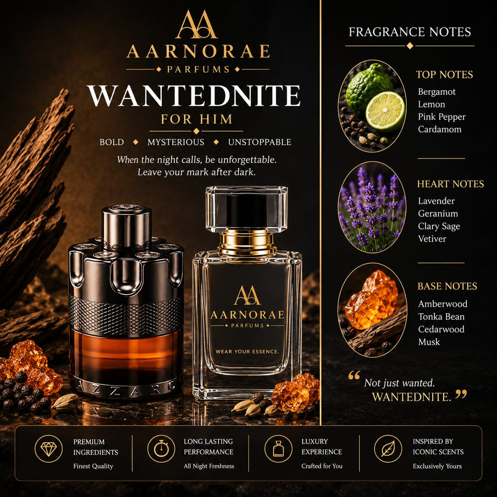 AARNORAE WantedNite luxury men’s perfume advertisement featuring an AARNORAE WantedNite bottle beside an Azzaro The Most Wanted reference fragrance bottle. The dramatic black and gold design presents a bold, mysterious, unstoppable nighttime fragrance with bergamot, lemon, pink pepper, cardamom, lavender, geranium, clary sage, vetiver, amberwood, tonka bean, cedarwood, and musk notes.