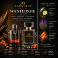 AARNORAE WantedNite luxury men’s perfume advertisement featuring an AARNORAE WantedNite bottle beside an Azzaro The Most Wanted reference fragrance bottle. The dramatic black and gold design presents a bold, mysterious, unstoppable nighttime fragrance with bergamot, lemon, pink pepper, cardamom, lavender, geranium, clary sage, vetiver, amberwood, tonka bean, cedarwood, and musk notes.