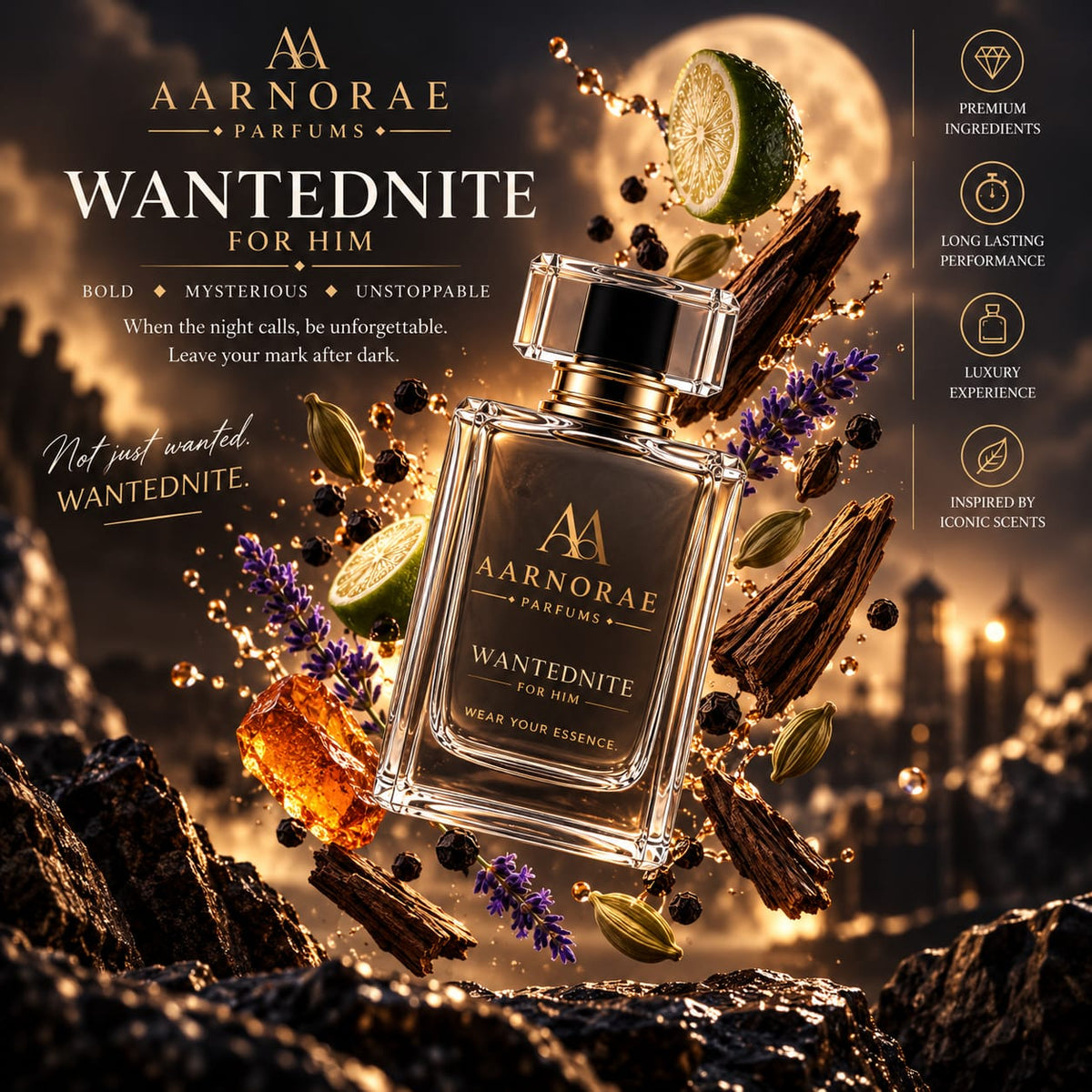 AARNORAE WantedNite luxury men’s perfume advertisement featuring an AARNORAE WantedNite bottle beside an Azzaro The Most Wanted reference fragrance bottle. The dramatic black and gold design presents a bold, mysterious, unstoppable nighttime fragrance with bergamot, lemon, pink pepper, cardamom, lavender, geranium, clary sage, vetiver, amberwood, tonka bean, cedarwood, and musk notes.