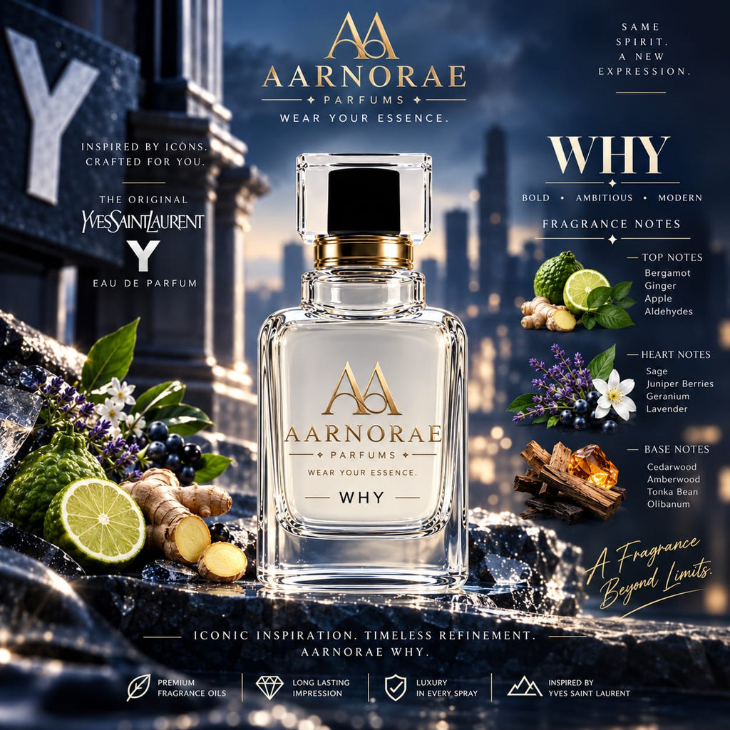AARNORAE Why perfume bottle highlighting a fresh aromatic and woody fragrance for men.