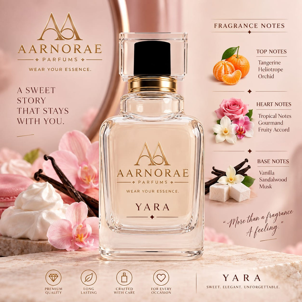 AARNORAE Yara perfume bottle highlighting a creamy fruity floral gourmand fragrance for women.